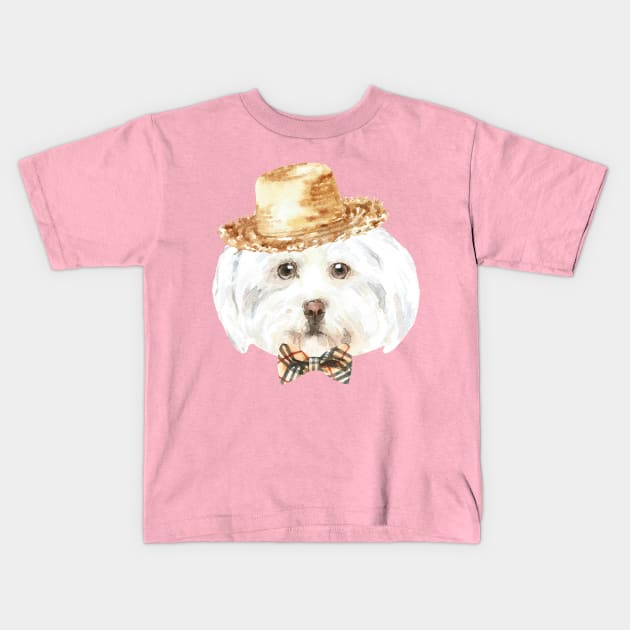 Shih Tzu Wearing Straw Hat and Bowtie Kids T-Shirt by LaarniGallery